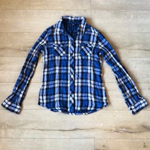 Empyre Women’s Button Down Blue & White Plaid Top